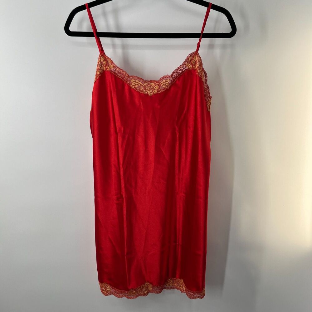 womens size medium Vintage Victorias Secret Red Satin Slip Nightgown Gold Lace